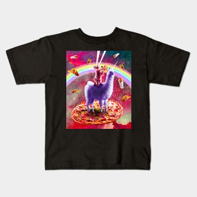 Laser Eyes Outer Space Cat Riding On Llama Unicorn Kids T-Shirt by Random Galaxy